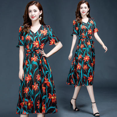 WE-2017韩版印花时尚中长款气质修身显瘦优雅连衣裙 商品图1