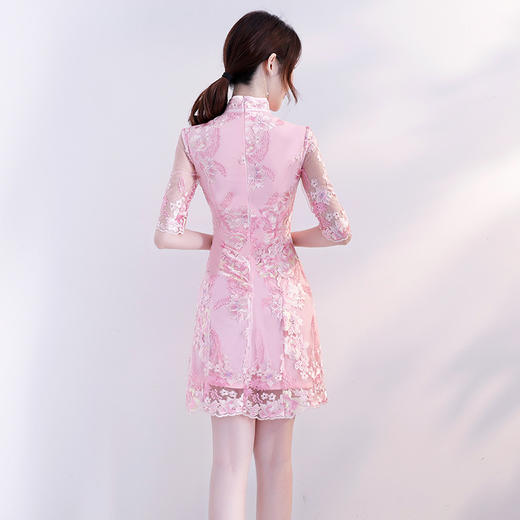 新款夏季中长款时尚改良修身a字桃色蕾丝旗袍(货号 bg80154)
