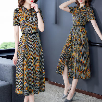 AHM 9063 2020年夏季新款修身收腰时尚中长款开叉女气质短袖印花雪纺连衣裙 商品图0