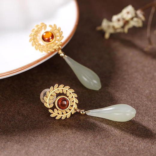 CWSS新款纯银麦穗和田玉兰花复古气质耳坠 商品图2