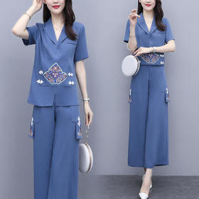 HR-ZMFS20397复古简约中国风刺绣上衣阔腿裤两件套