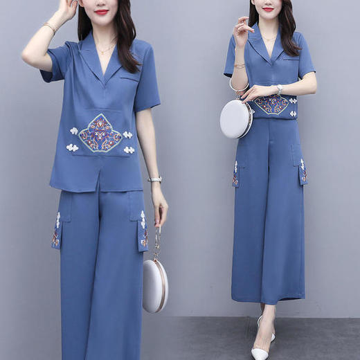 HR-ZMFS20397复古简约中国风刺绣上衣阔腿裤两件套 商品图0