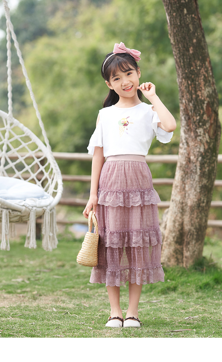 茵曼童装亲子装母女网纱半身裙夏季新款女童裙子蕾丝拼接长裙洋气