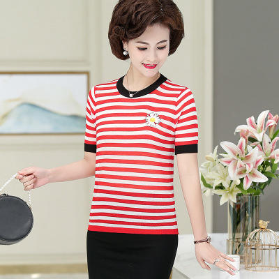 YSM 7386 刺绣小雏菊T恤女夏2020新款短袖条纹薄款冰丝针织上衣 商品图1