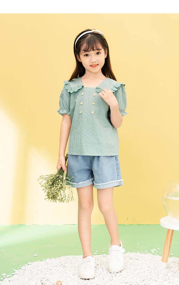茵曼童装夏季女童衬衫2020新款小女孩衬衣复古方领中大童上衣洋气