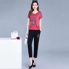 QYM  FM022休闲套装女夏季2020新款洋气宽松时尚卡通短袖阔腿裤薄款两件套潮