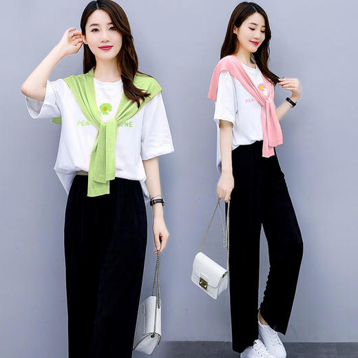 WZNH-QYQX2024新款休闲套装女阔腿裤+T恤+披肩三件套韩版时尚气质减龄必备 商品图1
