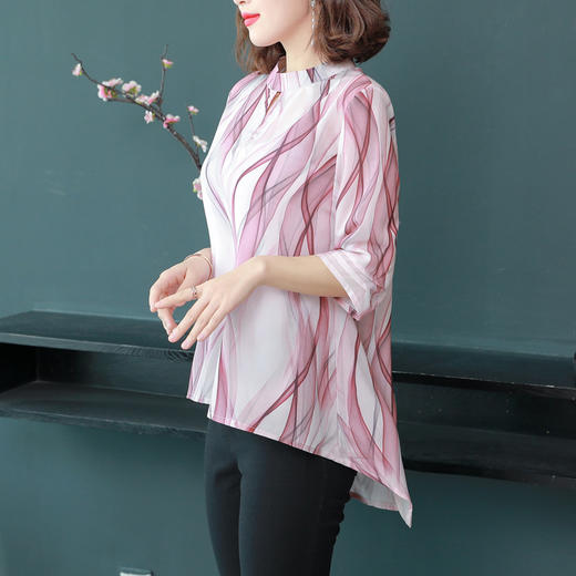 MQ-CF1959夏装新款洋气雪纺条纹中袖蚕丝上衣YY 商品图1