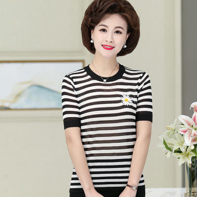 YSM 7386 刺绣小雏菊T恤女夏2020新款短袖条纹薄款冰丝针织上衣 商品图0