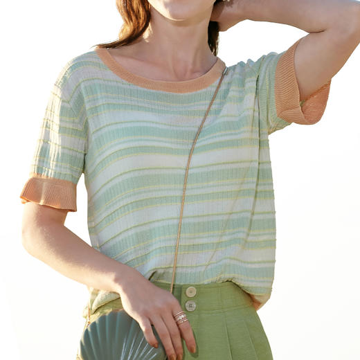 欧芮儿夏装新款短袖条纹毛针织衫女T恤百搭上衣 商品图4