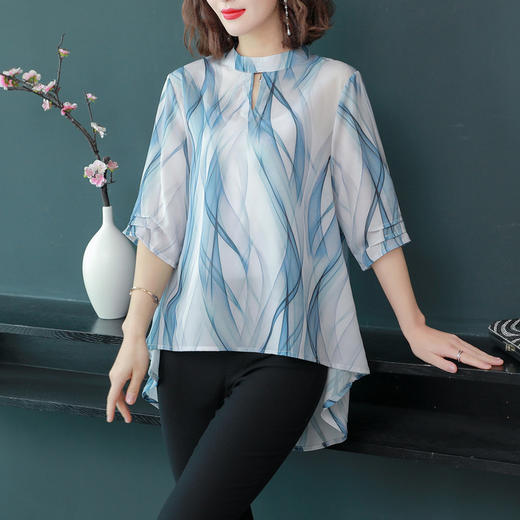 MQ-CF1959夏装新款洋气雪纺条纹中袖蚕丝上衣YY 商品图0