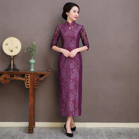 RY-11203新款中袖立领紫色长蕾丝旗袍