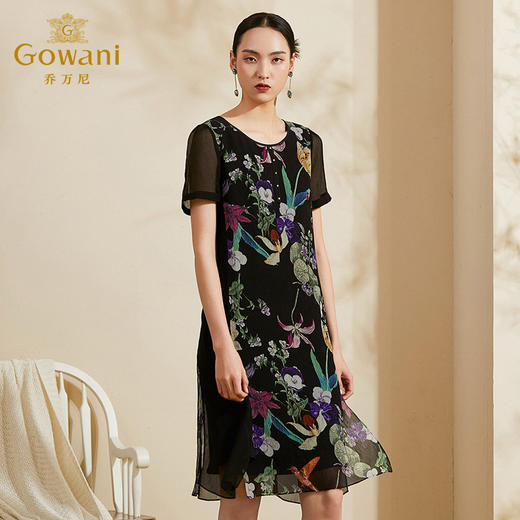 乔万尼真丝桑蚕丝连衣裙夏季新款气质时尚花鸟图中长裙子ES2E143 商品图1