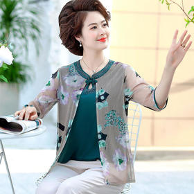 P-yyn207复古气质假两件镶钻妈妈装T恤