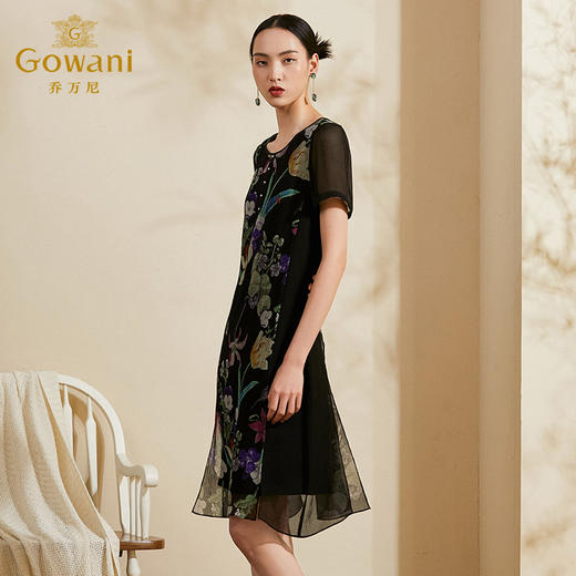 乔万尼真丝桑蚕丝连衣裙夏季新款气质时尚花鸟图中长裙子ES2E143 商品图2