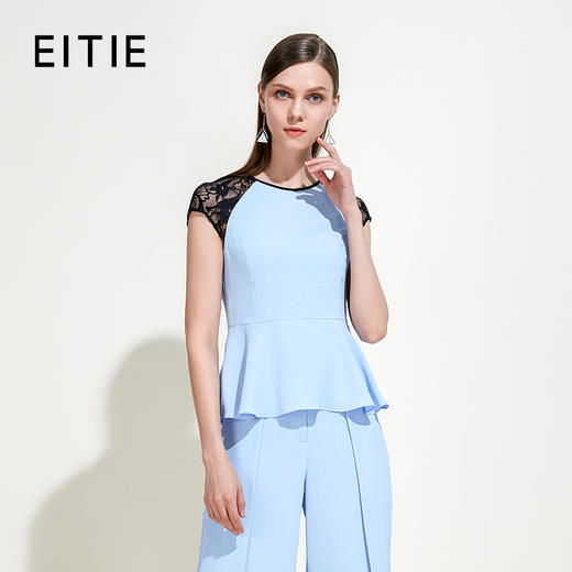 EITIE爱特爱夏季女装蕾丝小包袖拼接荷叶边收腰小上衣B1913226 商品图0