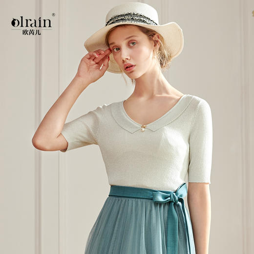 欧芮儿夏装新款短袖V领毛针织衫白色上衣 商品图0