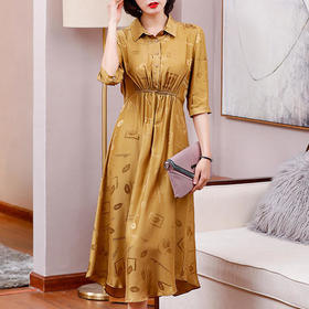 NYT-20118-22020新款翻领单排扣弹力松紧腰真丝提花中长裙