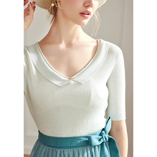 欧芮儿夏装新款短袖V领毛针织衫白色上衣 商品图1