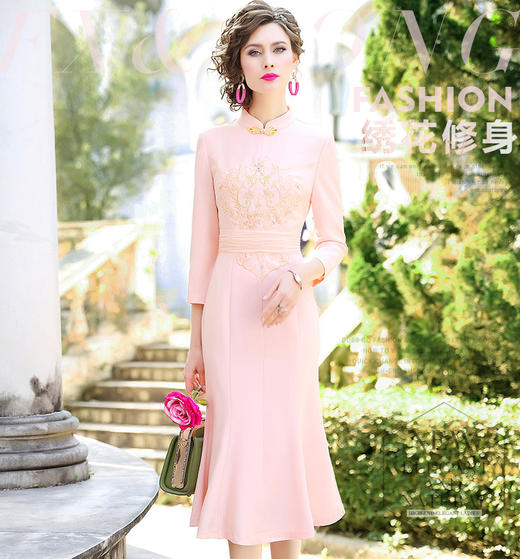 FMY-F20CL29629中国风立领绣花修身旗袍中长款鱼尾裙 商品图0