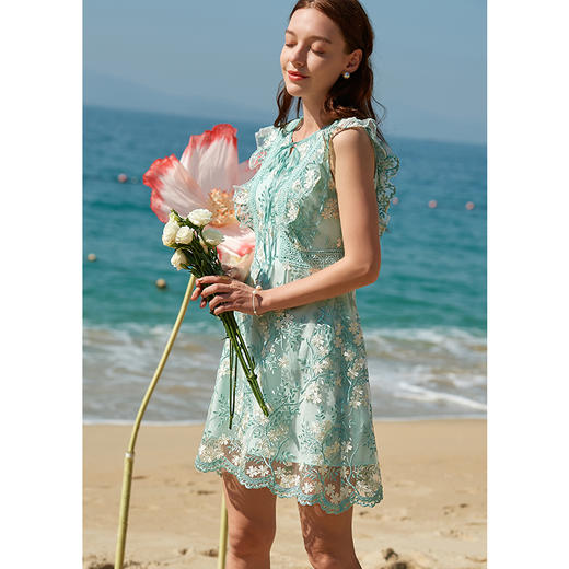 欧芮儿夏装新款荷叶边刺绣蕾丝连衣裙女中长款收腰显瘦a字裙O20XL30131 商品图1