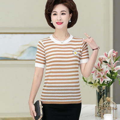 YSM 7386 刺绣小雏菊T恤女夏2020新款短袖条纹薄款冰丝针织上衣 商品图2