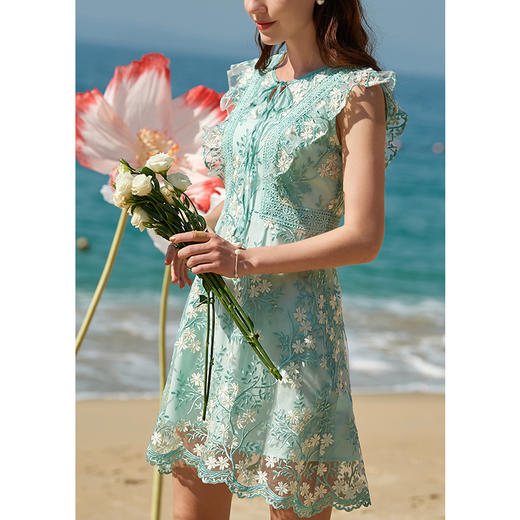 欧芮儿夏装新款荷叶边刺绣蕾丝连衣裙女中长款收腰显瘦a字裙O20XL30131 商品图2