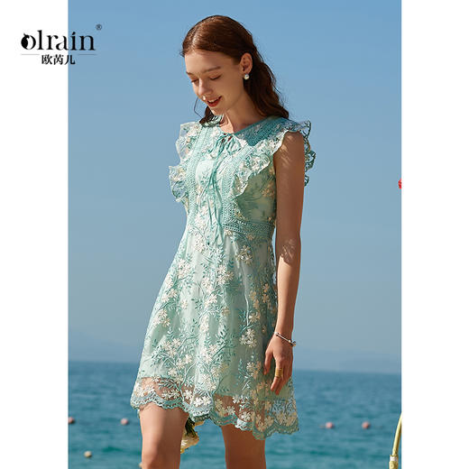 欧芮儿夏装新款荷叶边刺绣蕾丝连衣裙女中长款收腰显瘦a字裙O20XL30131 商品图0