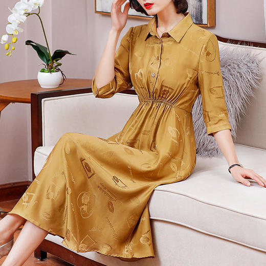 NYT-20118-22020新款翻领单排扣弹力松紧腰真丝提花中长裙 商品图1