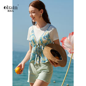 欧芮儿夏装新款圆领短袖T恤女修身百搭碎花吊带两件套上衣