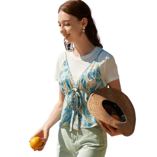 欧芮儿夏装新款圆领短袖T恤女修身百搭碎花吊带两件套上衣 商品图4