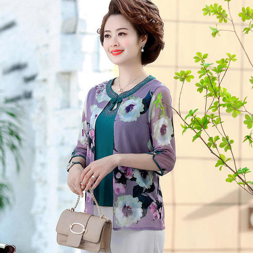 P-yyn207复古气质假两件镶钻妈妈装T恤 商品图1