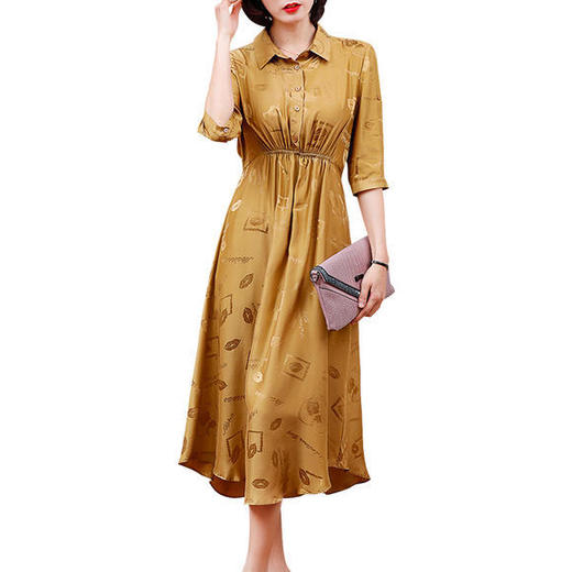 NYT-20118-22020新款翻领单排扣弹力松紧腰真丝提花中长裙 商品图4