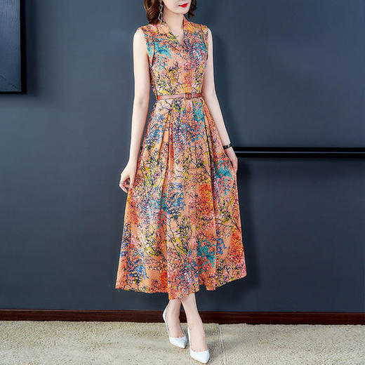 AHM-nrg9412无袖气质优雅大摆长裙修身复古印花连衣裙 商品图2