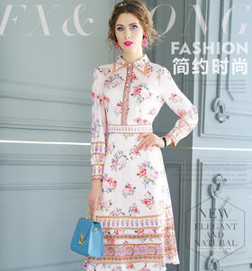 FMY-F20CL29629复古印花淑女减龄修身中长款衬衫裙