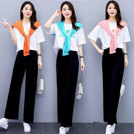 WZNH-QYQX2024新款休闲套装女阔腿裤+T恤+披肩三件套韩版时尚气质减龄必备 商品图0
