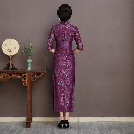 RY-11203新款中袖立领紫色长蕾丝旗袍 商品图4