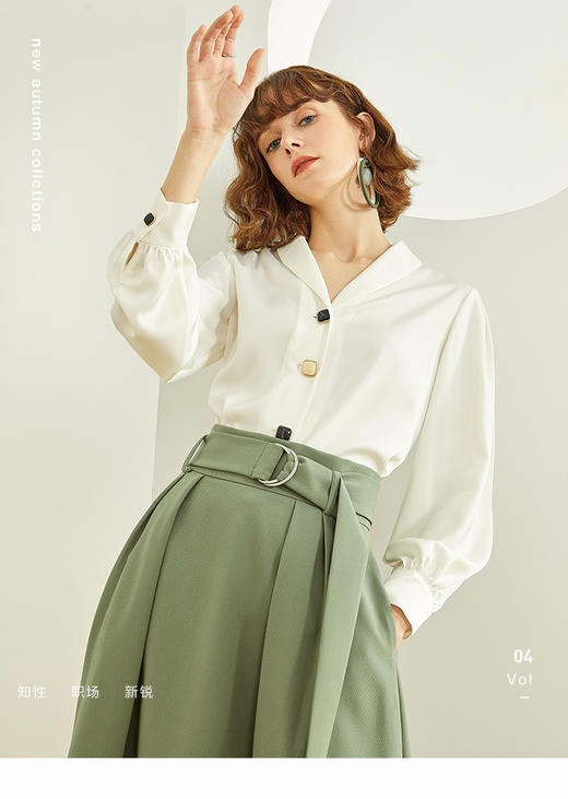 范思蓝恩雪纺衬衫女设计感小众垂感春秋上衣灯笼袖V领洋气白衬衣 商品图0