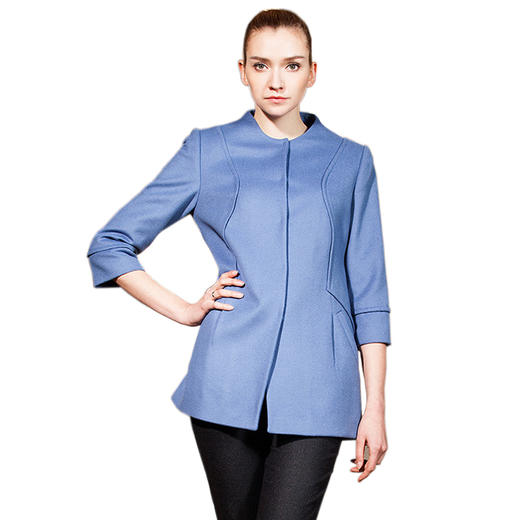佐尔美春秋季女装纯色暗扣中长款显瘦修身简约羊毛呢外套E44ZZ62 商品图1