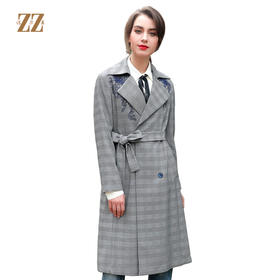 佐尔美春秋节新品格纹气质灰女士中长款过膝风衣潮流外套E83FZ37