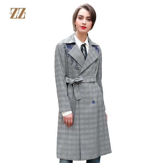 佐尔美春秋节新品格纹气质灰女士中长款过膝风衣潮流外套E83FZ37 商品图0