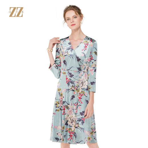 佐尔美新品秋季新品女士印花丝绒中长袖修身显瘦连衣裙E83LL30 商品图0