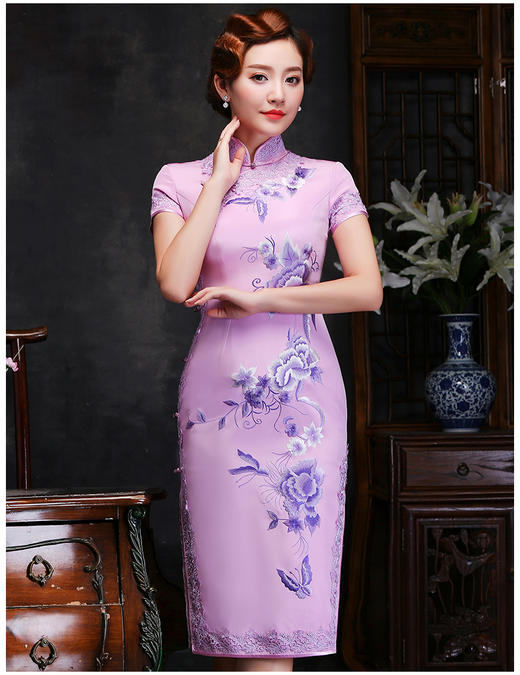 LY-00582新款礼服旗袍真丝绣花端庄气质高档长款旗袍裙 商品图2