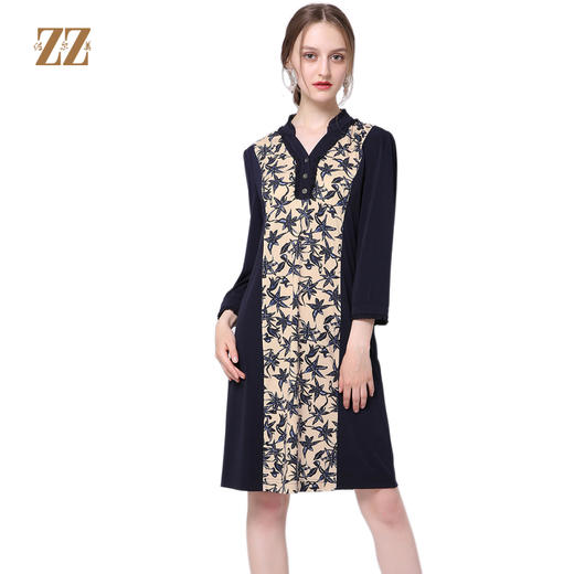 佐尔美年中女装碎花休闲修身显瘦九分袖连衣裙中裙E63LL03 商品图0