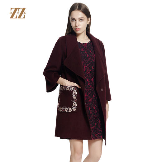 佐尔美冬季女装纯色修身显瘦九分袖羊毛大衣毛呢外套E64SM04 商品图2