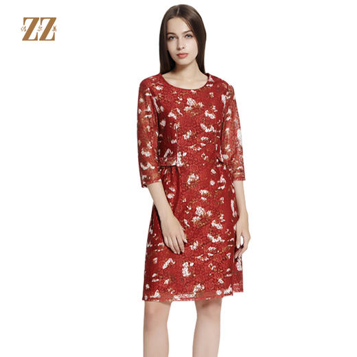 佐尔美秋季女装新品碎花蕾丝修身收腰显瘦中袖连衣裙E73LL17 商品图1
