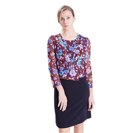 佐尔美新品春秋女装碎花印花拼接针织OL九分袖连衣裙短裙E63LL14 商品图0