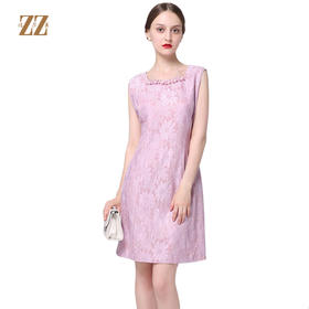 佐尔美新品年中女装纯色暗花休闲修身显瘦无袖连衣裙中裙E61LL13
