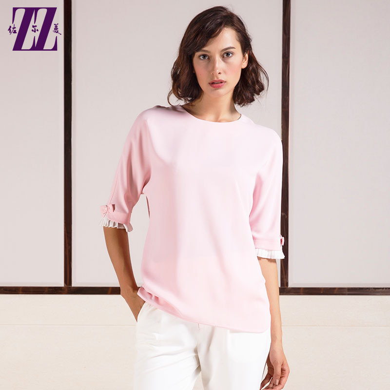 佐尔美圆领套头花边袖衬衫女装上衣T恤打底衫秋季新款E61CC02