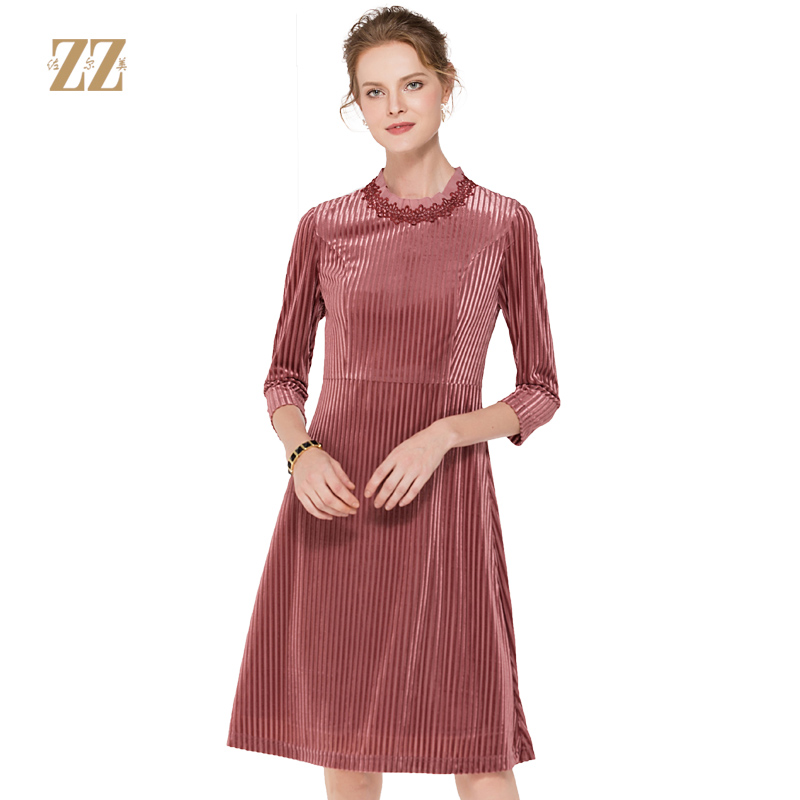 佐尔美新品秋季新品纯色淡雅修身束腰中长群丝绒连衣裙E83LL25